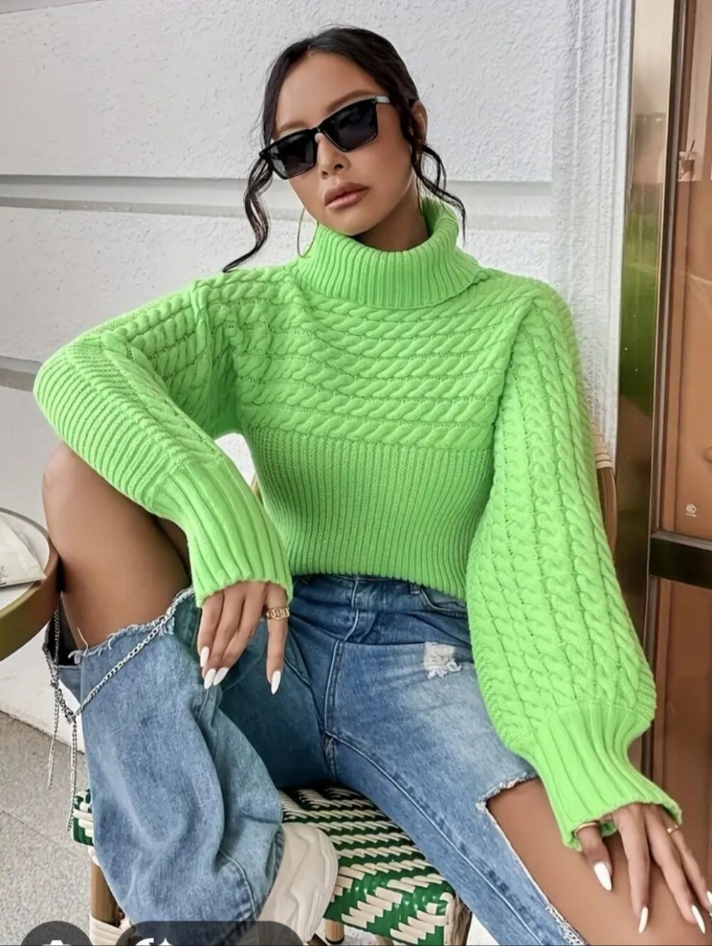 SHEIN Neon Green Cable Knit Turtleneck Sweater